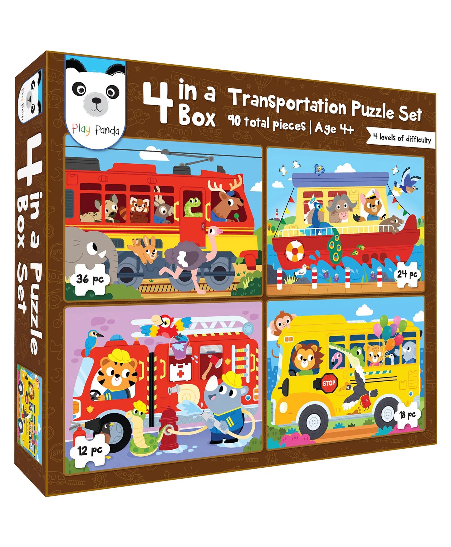 Play Panda 4-in-a-Box Transportation Puzzle Set – 90 Pieces, 4 Levels of Fun (Age 4+)