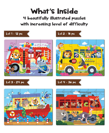 Play Panda 4-in-a-Box Transportation Puzzle Set – 90 Pieces, 4 Levels of Fun (Age 4+)