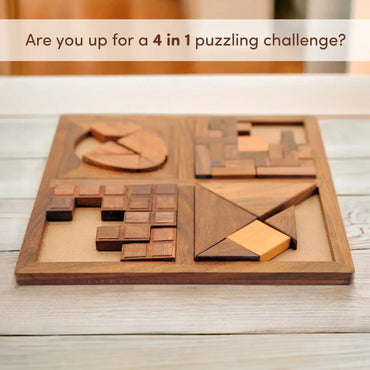4-in-1 Wooden Puzzle Set – Brain Teasers for Kids & Adults | Tangram, Grid Fit, Circle Puzzle & Block Challenge