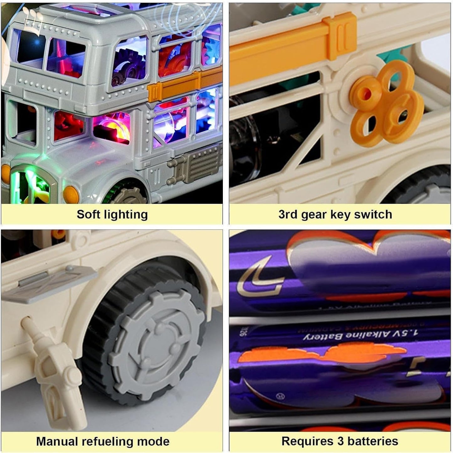 Gear-Powered Transparent Bus Toy – Lights, Motion & Learning Fun!