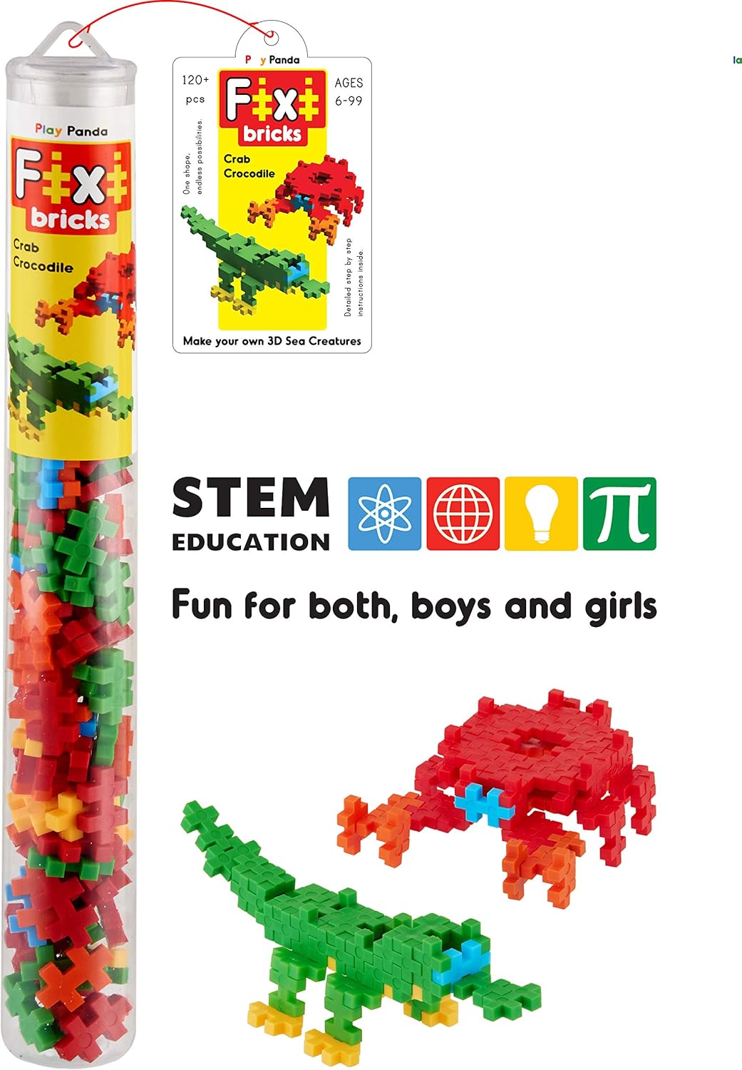 Play Panda Fixi Bricks - Build Your Own 3D Crab & Crocodile | 120+ Pieces STEM Construction Set for Kids (Ages 6–99)