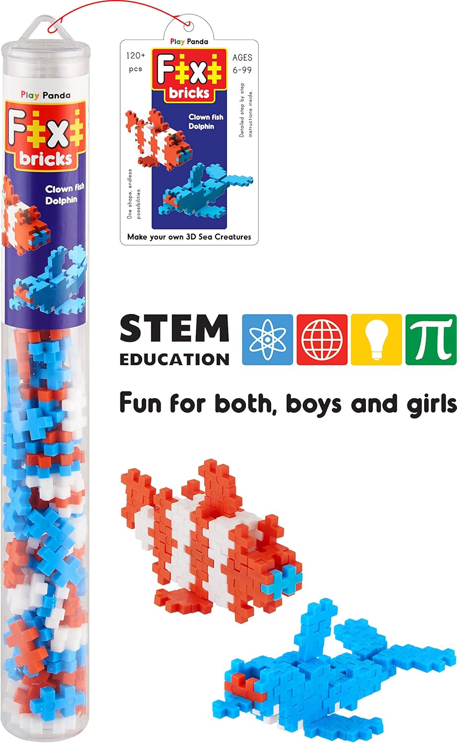 Play Panda Fixi Bricks – Clown Fish & Dolphin | 3D Construction Toy (120+ pcs)