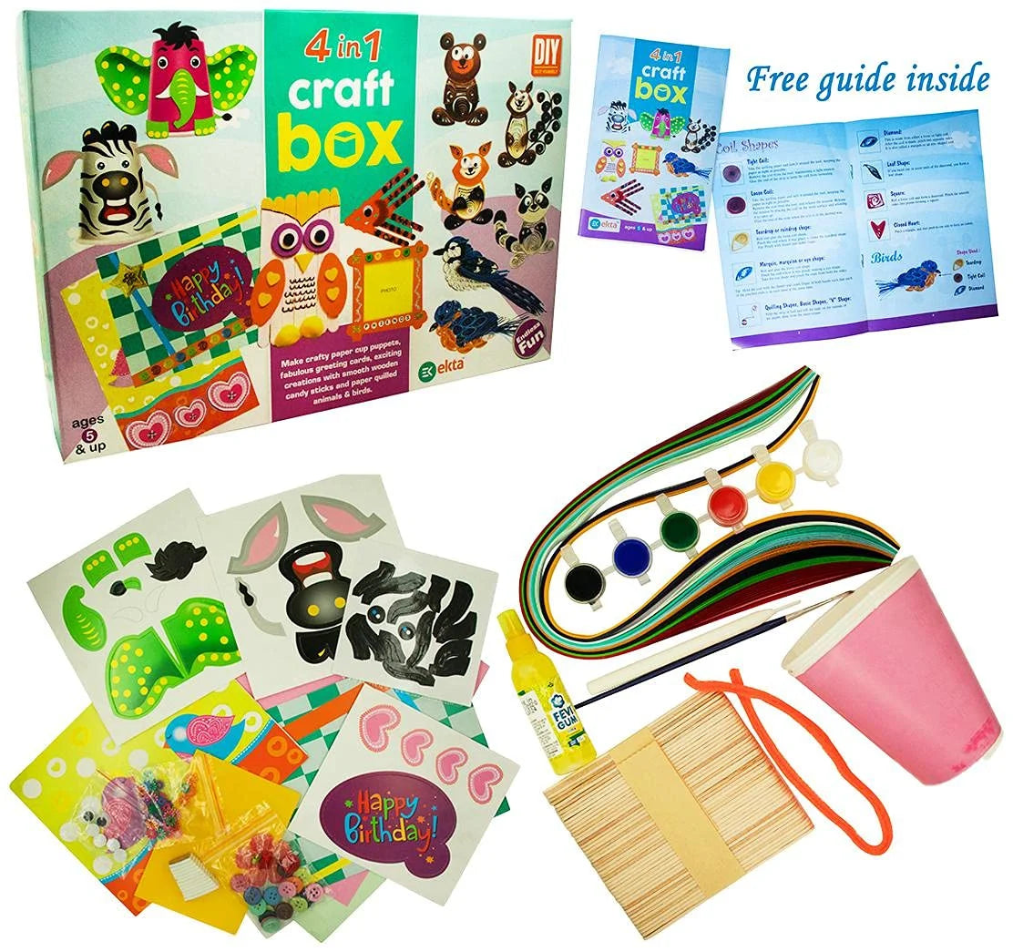 4-in-1 DIY Craft Box for Kids – Arts & Crafts Kit with Guide & Supplies