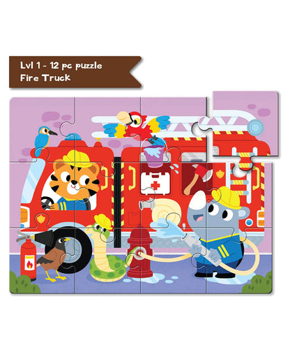 Play Panda 4-in-a-Box Transportation Puzzle Set – 90 Pieces, 4 Levels of Fun (Age 4+)