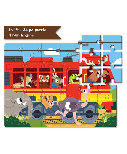 Play Panda 4-in-a-Box Transportation Puzzle Set – 90 Pieces, 4 Levels of Fun (Age 4+)