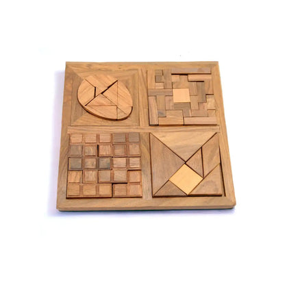 4-in-1 Wooden Puzzle Set – Brain Teasers for Kids & Adults | Tangram, Grid Fit, Circle Puzzle & Block Challenge