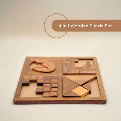 4-in-1 Wooden Puzzle Set – Brain Teasers for Kids & Adults | Tangram, Grid Fit, Circle Puzzle & Block Challenge