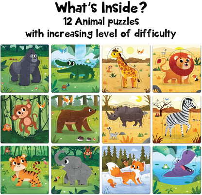 12-in-a-Box Jungle Animal Puzzle Set – 48 Pieces for Kids Ages 3+